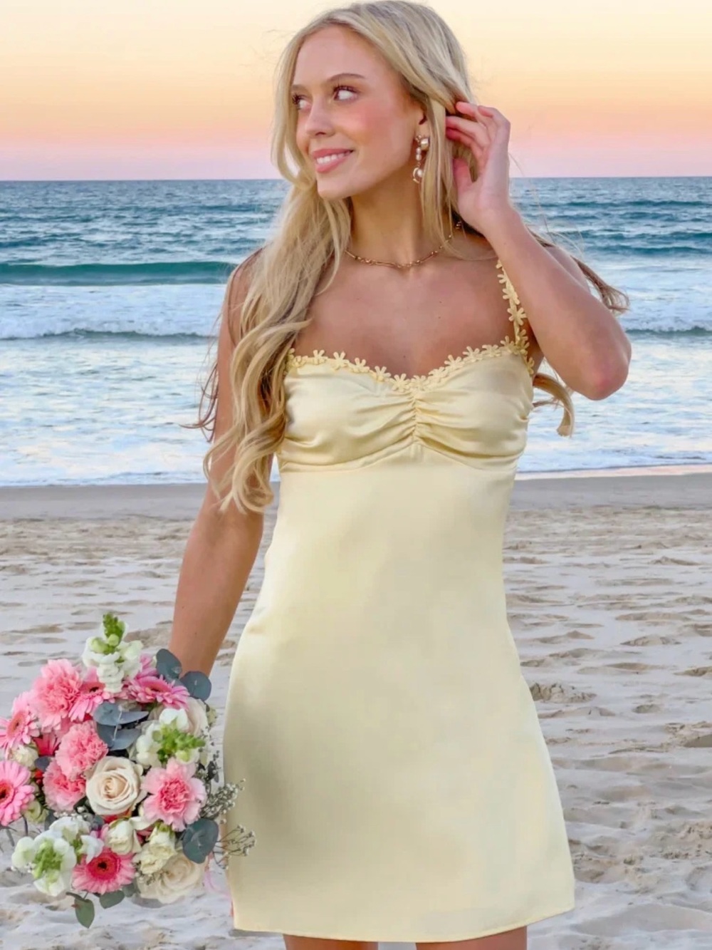 Beginning Boutique Yellow Satin Mini Dress with Floral Straps